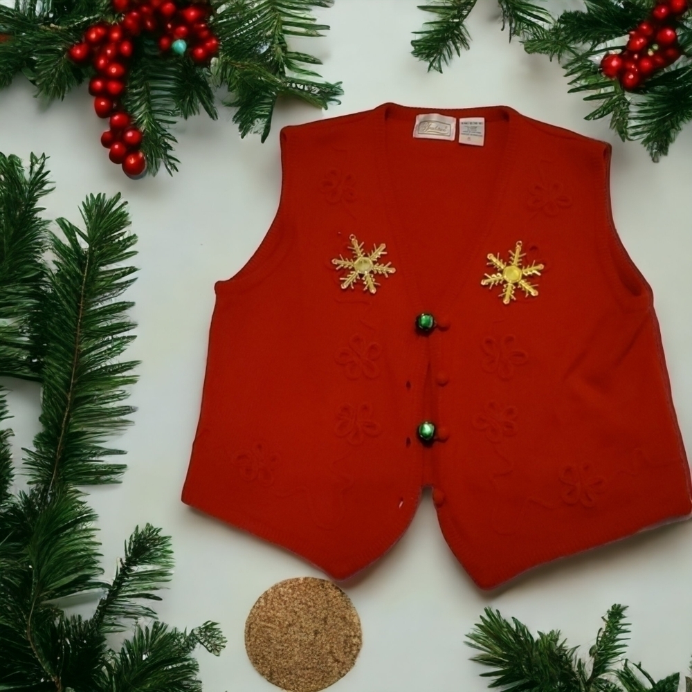 Red Vintage Sears Christmas Festive Vest w/ Snowflakes and Bells
